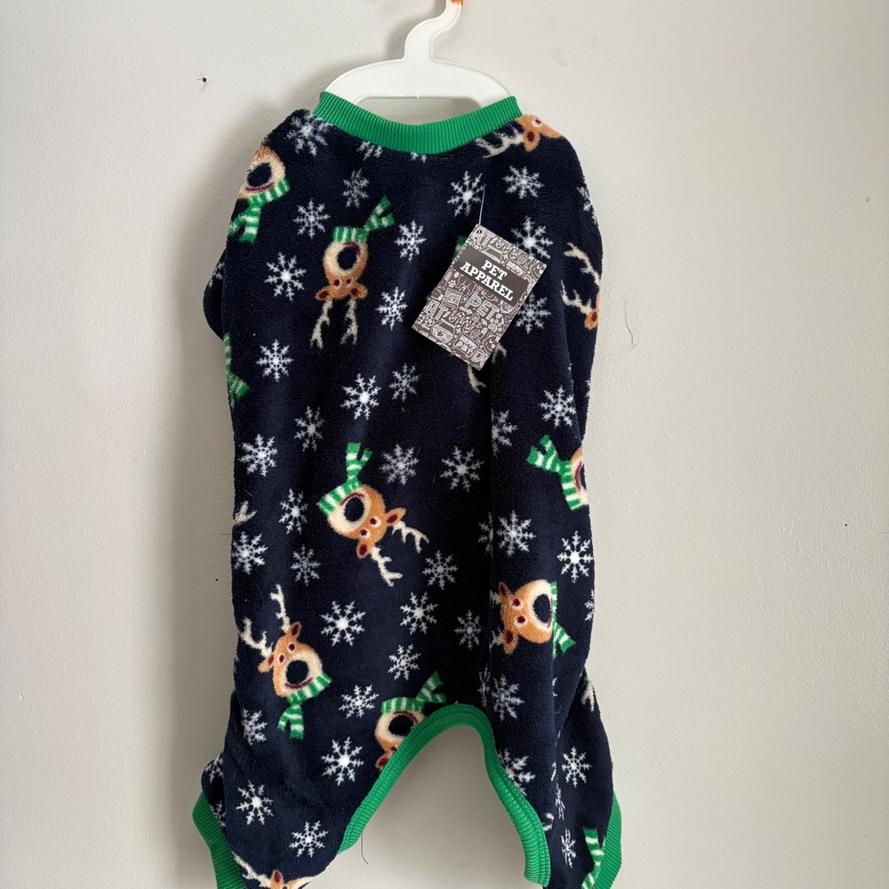 Pet Apparel Christmas Reindeer‎ Snowflake Fleece Dog Pajamas Navy Green Size M